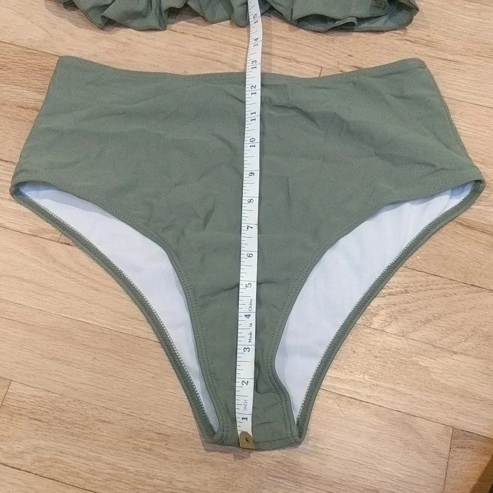 Ruched Shirred Bandeau Olive Green Bikini Medium